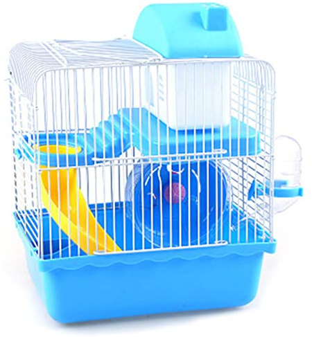 Hamster Cage, Small Animal Cage 2 Layers Transparent Spacious Tray Hamster Travel Cage Gerbil Cage with Exercise Wheel, Water Bottle, Ladder for Pet Dwarf Hamsters Dwarf, Blue