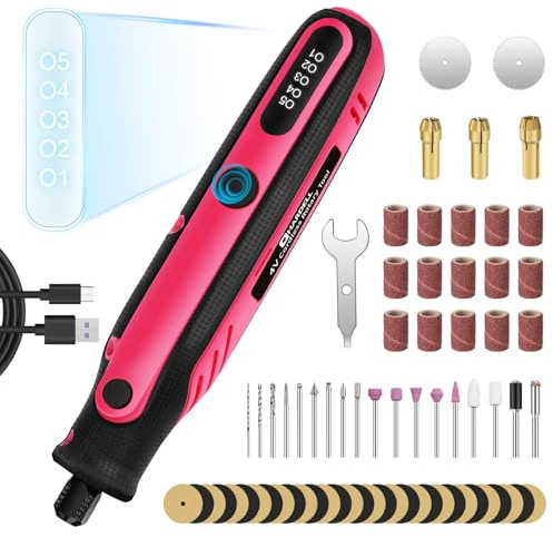 HARDELL Mini Cordless Rotary Tool, 5-Speed Rotary Tool Kit with 69 Accessories, 4V Power Rotary Tool for Cutting, Engraving, Sanding, Drilling, Polishing, Small Wood Carving tool or DIY Crafts（Pink)