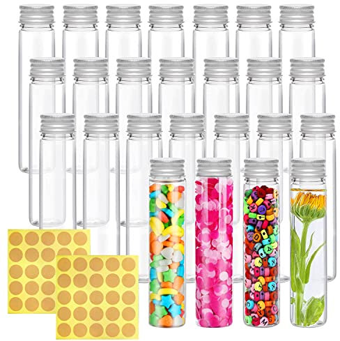 ZIOYA 24 PCS Tube à Essai en Plastique Transparent 110ML avec 2 Pcs Autocollant Tubes à Essai avec Bouchon pour Mariage Bonbons Fleurs Plante Echantillon Sels Trempettes Barbecue
