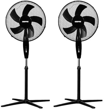 GEEPAS 16” Pedestal Free Standing Cooling Fan | 3 Speed 3 Blades Wide Angled Oscillation | Pivoting Head & Adjustable Height | Powerful Airflow Floor Fan | Home Office Use, Black 45W Pack of 2