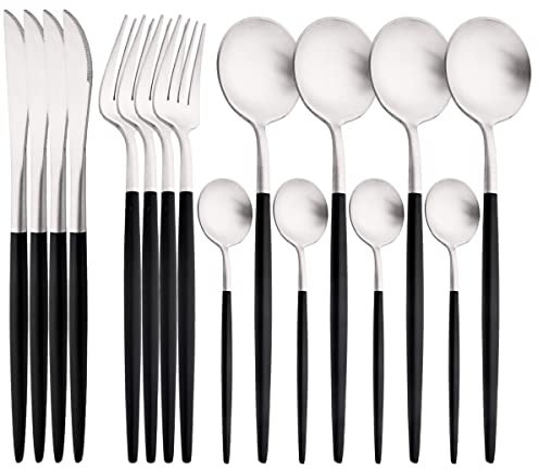 16/24Pcs Rose Geschirr Set 304 Edelstahl Besteck Messer Gabel Teelöffel Geschirr Set Küche Hause Besteck besteck Set (Color : 16Pcs Black Silver)