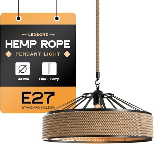 LEDSone Vintage Industrial Hemp Rope Pendant Light con gabbia di ferro, illuminazione rustica da fattoria E27 per ristorante, camera da letto (40cm, 1m Hemp)