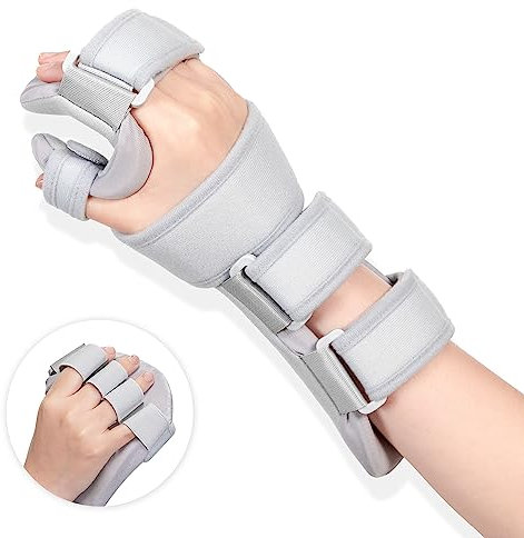 Fanwer Schlaganfall-Ruhende-Handgelenkbandage - Nachtimmobilisierende Handgelenk-Finger-Schiene für Beugekontrakturen, Funktionaler 5-Finger-Stabilisator-Umwickler (Rechts, Groß)