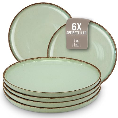 6x Grandes assiettes en grès Rustic - Assiettes de table modernes résistantes au lave-vaisselle - Set d'assiettes stylées pour 6 personnes en Vert Menthe - Service de vaisselle pou