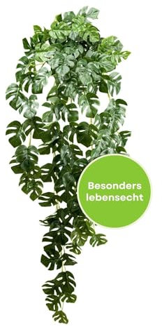 CREATIV green künstliche Splitphilodendron Hängepflanze 95cm I Künstliche Pflanzen mit 122 naturgetreuen grünen Blättern I stilvolle & Pflegeleichte Indoor Kunstpflanzen I Kunstpflanze hängend