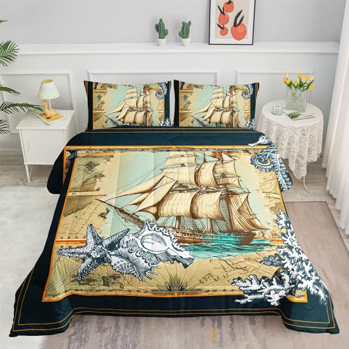 Smell Sunshine Nautical Comforter Set for Kids Teens, Sea Adventure Sailboat Comforter Set with 1 Comforter and 2 Pillowcases for Teens and Boys Bedroom All Season(Nautical Coastal Twin)