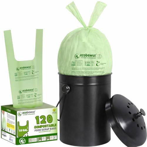 Lot de 120 sacs poubelle 100 % compostables avec poignée à nouer (120 sacs) pour déchets alimentaires certifiés BPI TUV OK Compost Home Conforme à la norme ASTM D6400 (120 carats)