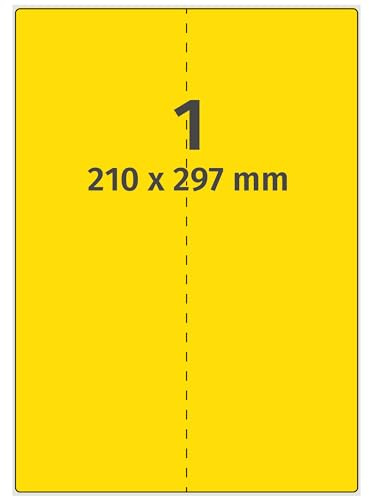 Labelident Laser-Etiketten 210 x 297 mm gelb - 1 Etiketten pro A4-Bogen - 100 Etiketten (100 DIN A4 Bögen) geeignet für Laser- & Inkjetdrucker