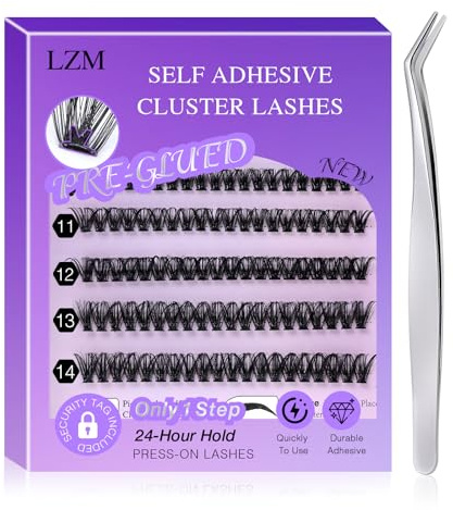 LZM Selbstklebende Wimpern D-Curl 8-14mm Extensionen Set mit Pinzette, ohne Kleber, natürliche Wimpern (50P)