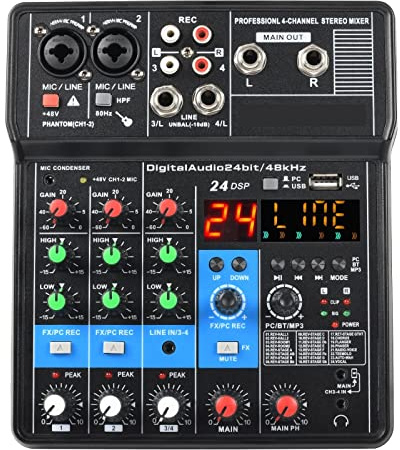 Mezclador de Audio, Mezclador de Sonido de 4 Canales Función Bluetooth 24 Efectos DSP Computadora USB Reproducir grabación Transmisión en Vivo Consola de Mezcla Calidad de Audio