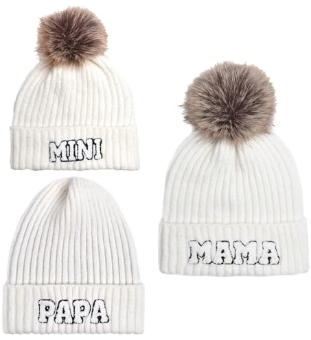 Kunyeah 3 st förälder-barn mössa hatt mamma pappa baby matchande hattar vinter varm mössa med pom-pom kvinnor män stickad mössa, Vitt, one size