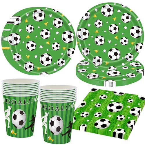 OMZSXK Fußball Partygeschirr für 16 Gäste,Grün Fussball Partyteller Party Deko Geschirr,Fußball Pappteller Pappbecher Servietten,Fussball Party Dekorationen Mädchen Junge Kindergeburtstag Deko