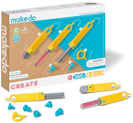 Makedo Create | Upcycled Cardboard Construction Tool Kit in Small Toolbox (260 Pieces) | STEM + STEAM Educational Toys for at Home Play + Classroom Learning | Reusable Tools for Boys and Girls Age 5+