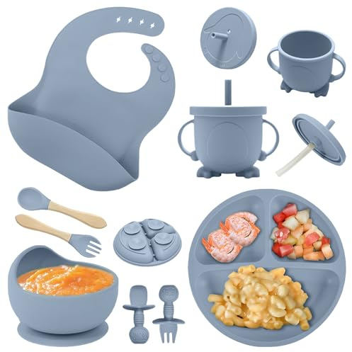 Set Pappa Svezzamento 8 pezzi,Set Per la Pappa dei Neonati (cucchiaio, forchetta, ciotola, bavaglino, bicchiere) Set Svezzamento in Silicone Alimentare con Design Antiurto,Senza BPA,Blu