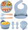 TTSTOIEE Silikon Baby Geschirrset, 8 Stück Kindergeschir (Baby Teller mit Saugnapf, Löffel, Gabel, Schüssel, Lätzchen, Trinkbecher), BPA-Frei, Spülmaschinen Und Mikrowellen blau