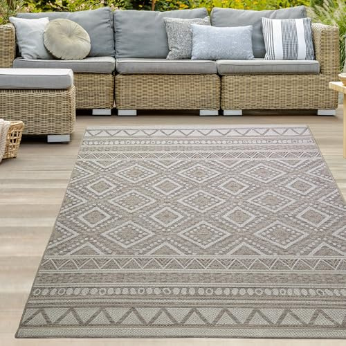 Teppich-Traum In- & Outdoor Teppich Ethno-Rauten Beige Braun 300x400 cm | Pflegeleicht, schmutzabweisend, strapazierfähig und langlebig, für Balkon, Terrasse, Garten, Küche & Essbereich