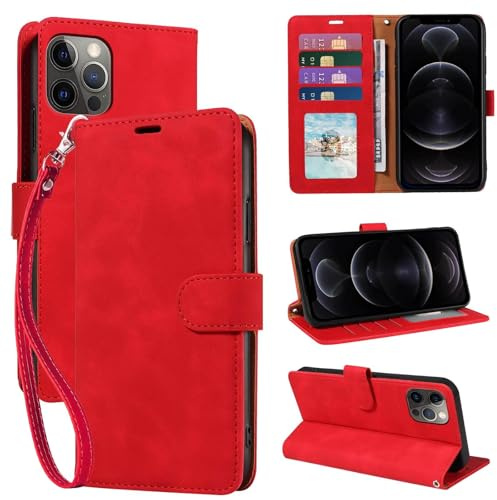 GOTOURED for iPhone 12/12 Pro Case Wallet with 4 Card Slots & Strap (Red)