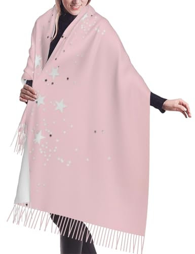 YOFIEN Rosa-weiße Sterne bedruckt, Schals mit Kaschmirgefühl, Wickelschal für Damen, Winterschal mit Fransen, leichte Stola