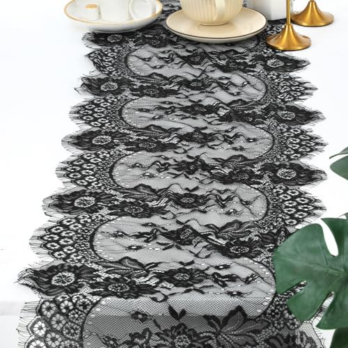 Schwarze Spitze Tischläufer Dekoration, Vintage Spitze Läufer für Tische | Tischdecke, Hochzeitstag, Tischläufer, Dekoration, eleganter Tischläufer für Verlobung, Hotel, Zuhause, 35,6 x 305,8 cm