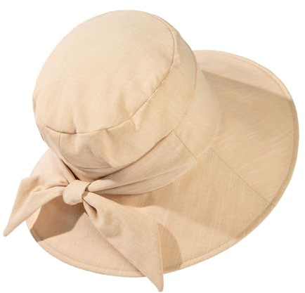Comhats ChicPony hästsvans solhatt dam med brett brätte UV solskydd hatt kvinnor sommar vikbar bomull linne strandhatt, 69045#Khaki, L