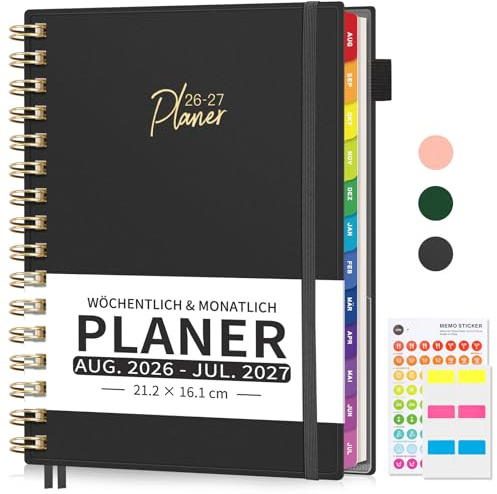 EMSHOI A5 Kalender 2026 2027, 30-Min-Intervallen, Aug 26-Juli 27 - Schwarz | Terminplaner, Wochenplaner Notizbuch mit PVC-Cover, Stundenplanung, Monats-Register, Innentasche, für Büro, Schule
