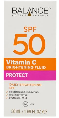 Balance Active Formula Vitamin C Brightening Fluid SPF 50 (50ml) - Daily Facial Moisturiser with Broad Spectrum UV Protection, No White Cast Sunscreen for All Skin Types