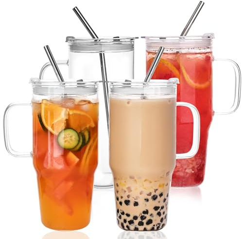 33oz Glass Tumbler with Lid and Straw, 4 Pack Glass Cup with Handle, Iced Coffee Cups, Thick Drinking Glasses Set, Clear Travel Mug for Hot and Cold Beverage, Drinks, Tea, Smoothie