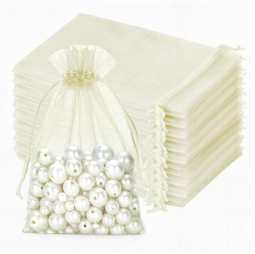 jijAcraft Bolsitas de organza grandes 13x18cm en crema: Bolsas de regalo con cinta de tracción transparente, bolsas para joyas, 100 unidades de bolsas de organza para rellenar, regalo de caramelos