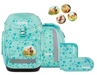 ergobag pack set Zaino scolastico ergonomico e flessibile, 6 pezzi, per la prima elementare HorsedreamBear - Turchese