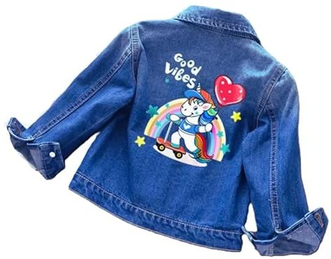 OrJana Giacca di Jeans per Bambina con Unicorno, Blu Denim, Decorata con Fiori e Stelle, Design Magico con Ricami Arcobaleno
