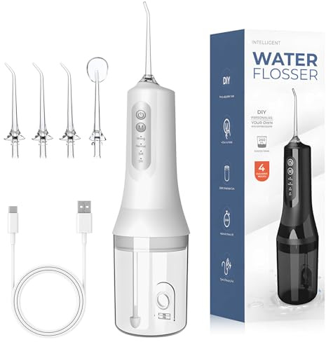 Anluomania Idropulsore Dentale Portatile, Irrigatore Orale Ricaricabile, Irrigatore Dentale 4 Modalità E 4 Ugelli, Elettrico Water Flosser Serbatoio 260ml, IPX7 Impermeabile Adatto a viaggio e a casa