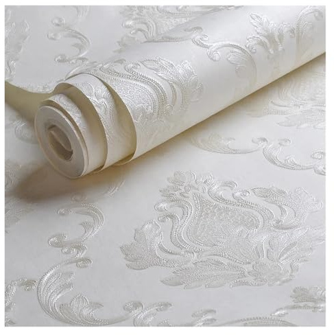 OZLCUA Papel Pintado Papel tapiz de damasco en relieve blanco cremoso for dormitorio, sala estar, fondo con estampado floral, papel texturizado 3D, decoración del hogar(2mx53cm)
