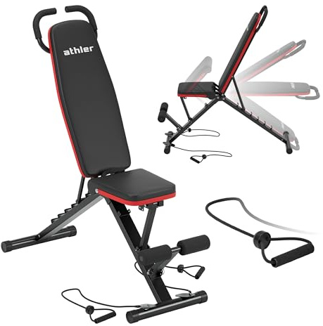 ATHLER Gorilla 15 Verstellbare Bank - Hantelbank - Klappbare - Trainingsbank Schrägbank - 7-Fach Verstellbarer Rückenlehne - mit Fitnessbänder - für Home Gym Ganzkörper-Workout - Belastung 150kg