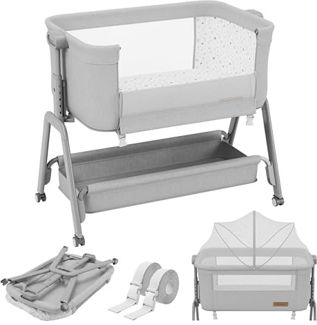 TULANO Dream 50 – 3in1 Beistellbett Baby bis 9kg – Babybett mit Matratze – Reisebett mit Rollen – 5-Fach höhenverstellbar – Neigbare Liegefläche – mit Moskitonetz und Korb - Gris