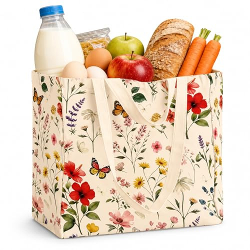 Faltbare Einkaufstasche im Beutel, Große Einkaufstasche Stabil mit 6 Innentaschen, Doppelgriff Einkaufsbeutel Stoff, Leinentasche Bedruckt, Canvas Shopper Tasche Damen für Reisen, Picknicks, Alltag