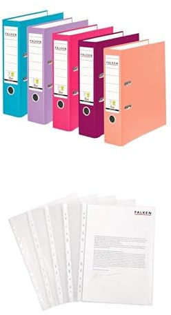Falken 5er Pack PP-Color Pastell Ordner inklusive 100er Economy PP-Kunststoff Prospekthüllen transparent genarbt. Made in Germany. 8 cm breit DIN A4