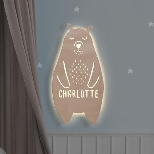 hellomini Personalisierbares LED-Nachtlicht mit Name für Kinder & Babys | Holz-Wandlampe | Schlummerlicht mit Motivwahl – Geschenk zur Geburt & Taufe (Bär)