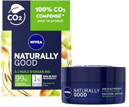 NIVEA NATURALLY GOOD Soin de Nuit Régénérant 50 ml, Soin visage avec 99% d’ingrédients d’origine naturelle, crème de nuit à l'huile d'Argan Bio & huiles précieuses