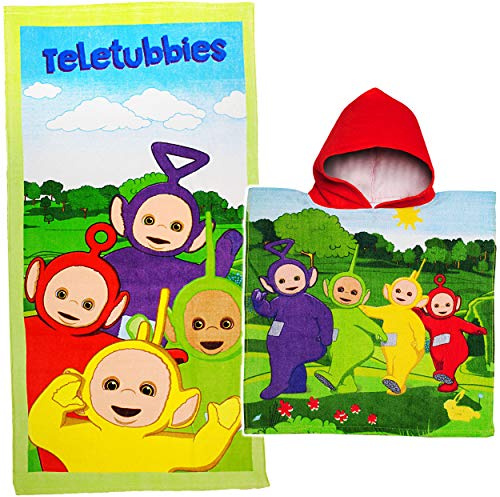 alles-meine.de GmbH 2 TLG. Set Badetuch/Strandtuch + Poncho - Teletubbies - 100% Baumwolle 70 cm * 140 cm - Badeponcho/Kapuzenhandtuch - Frottee/Velours - Handtuch - Dus..