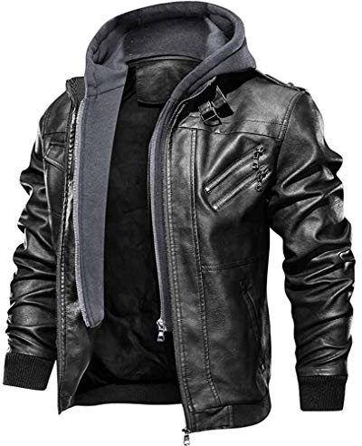 Priessei Leather Bomber Jackets for Men Pilot Jacket with Hood Cycle Motorbike Jacket Stylish Coat Autumn Aviator Black L