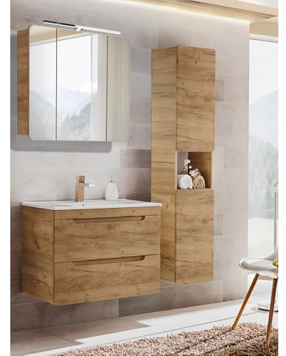 Lomadox Set completo di mobili da bagno in rovere, 80 cm, con specchio a LED