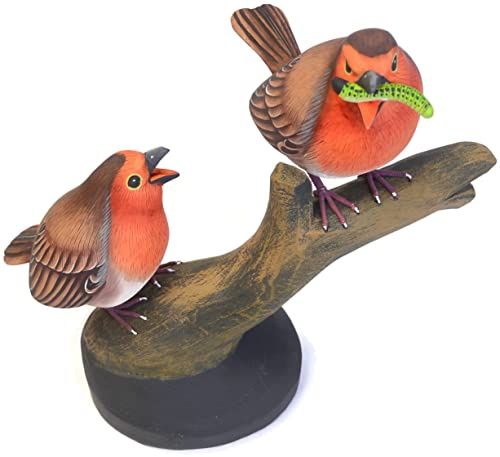 Brave Wings Hand Carved Wooden Bird ~ Two Robin Birds Fighting for Worm ~ OOAK Ornament Sculpture Figurine Statue Unique Table Decoration Home Decor Gift for Christmas and Birthdays ~ 4391
