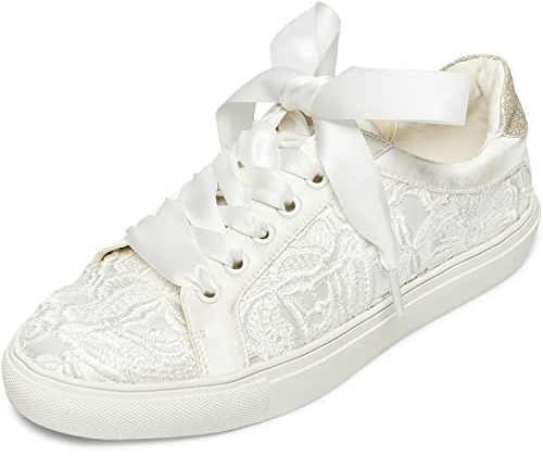 JIAJIA 8833 Hochzeitsschuhe Braut Turnschuhe Wohnungen Braut Tennisschuhe Spitze Turnschuhe Farbe Elfenbein,Größe 40 EU (6.5 UK)