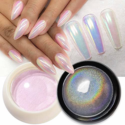 GZMAYUEN 2 Farben Chrome Nail Powder, Perle Aurora Pink Lila Cromepulver NäGel - Feen Effek Metallic Spiegeleffekt Pigment Nagel Pulver Für Maniküre Nageldesign DIY Salon