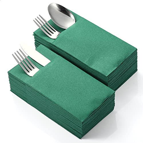 LEKOCH 50 PCS Airlaid Cutlery Napkins - Green Napkins with Pocket - Disposable Linen Feel - 43 * 30cm