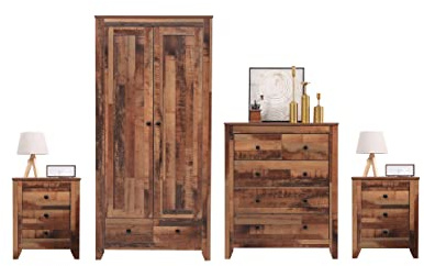 FurnitureHMD Rustic Brown 4 Piece Set Bedroom Furniture Set 2 Door 2 Drawer Wardrobe, 5 Drawers Chest,3 Drawers Bedside Table