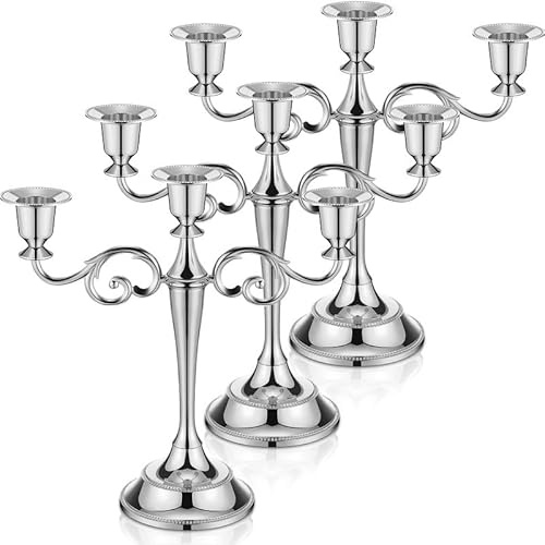 Dandat 3 Pcs 3 Arm Metal Candelabra Candlestick Holders Tall Candlestick Holders Gothic Candle Holder for Home Wedding Church Christmas Party(Classic,10.24 Inch,Silver)