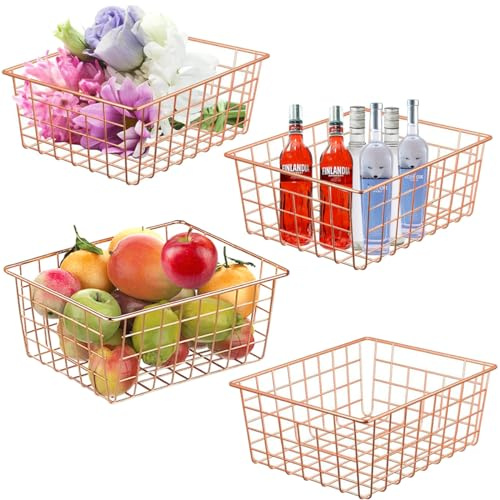 LOSYHU 4-pack trådkorgar för skafferi metalltråd frys organiseringsfack med handtag, metallkorg roséguld trådkorgar för förvaring organisering av kontor, köksskåp, badrum, bänkskiva