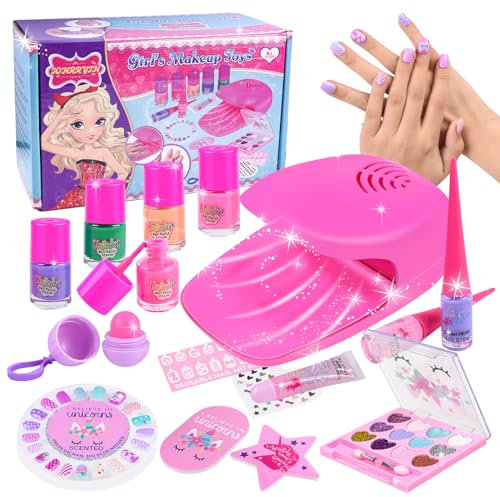 FORMIZON Kinderschminke Set Mädchen Kinder, Makeup Sets Spielzeug mit Lidschatten, Lippenstift, Nagellack, Fake-Nagel, Nageltrockner, Schminke Kinder Mädchen Alter 3-12 Weihnachten Geburtstag Geschenk