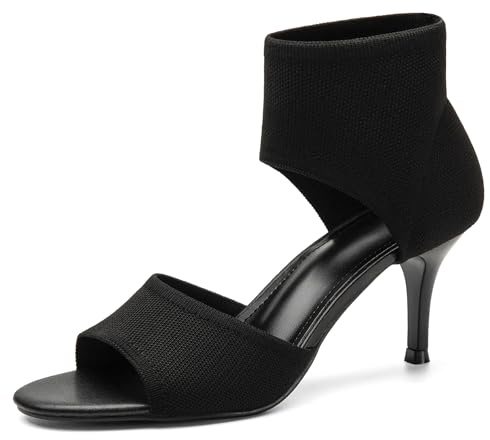 NEWBELLA Mousse Fit Women Retro Peep Toe Elegant Stiletto Low Heeled Sandals Breathable Mesh Knit Elastic Design Upper Comfortable Shoes Black Low Heel 7.5